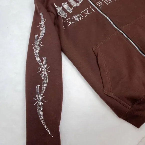 Mogul Full-Zip Hoodie - Brown Rhinestone Embellished - Y2K Streetwear - XS - Picture 5 of 6
